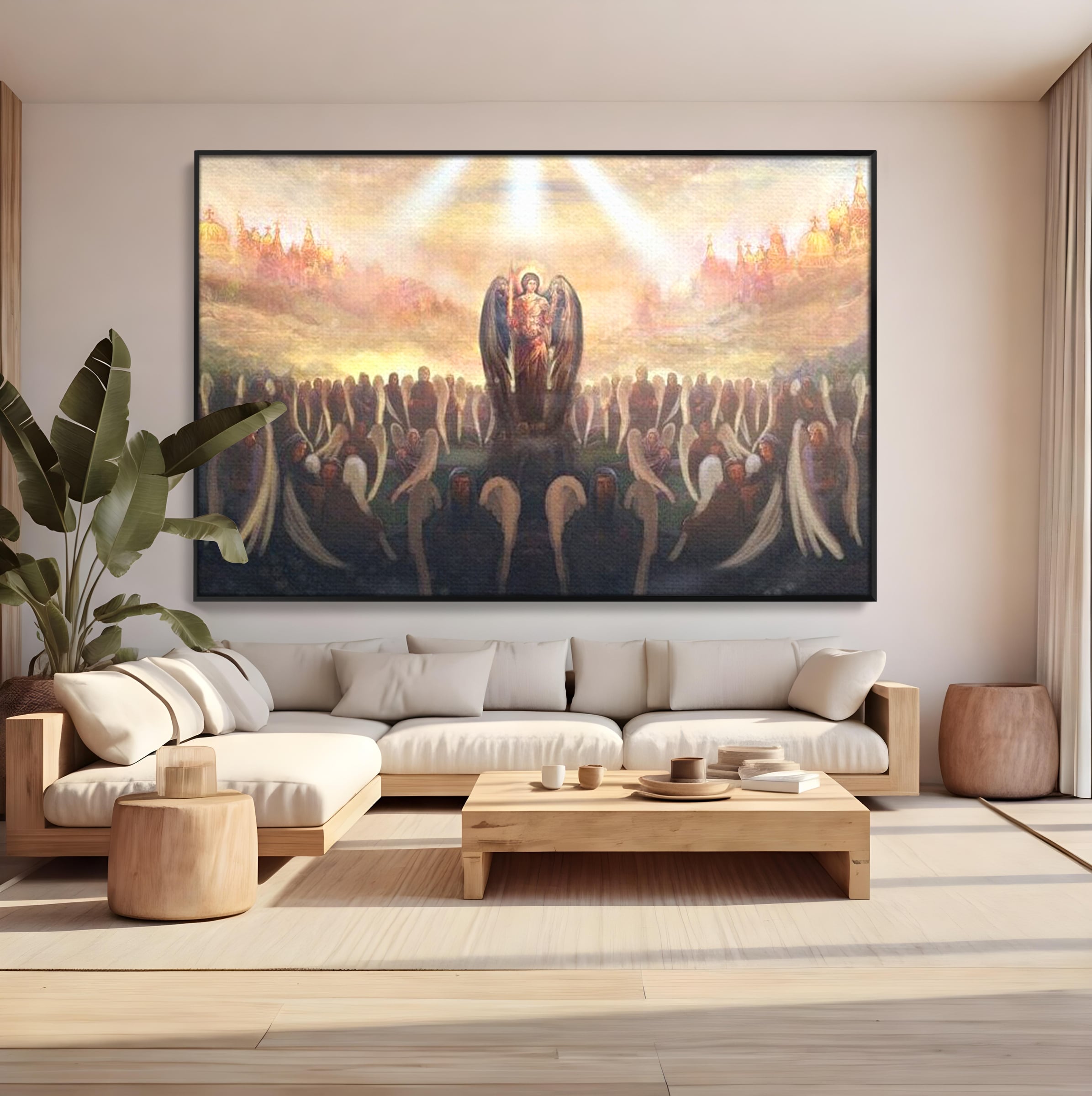 Tablou canvas cu pictura religioasa cu oastea cereasca si ingeri, in rama de aluminiu negru, pe perete intr-un living